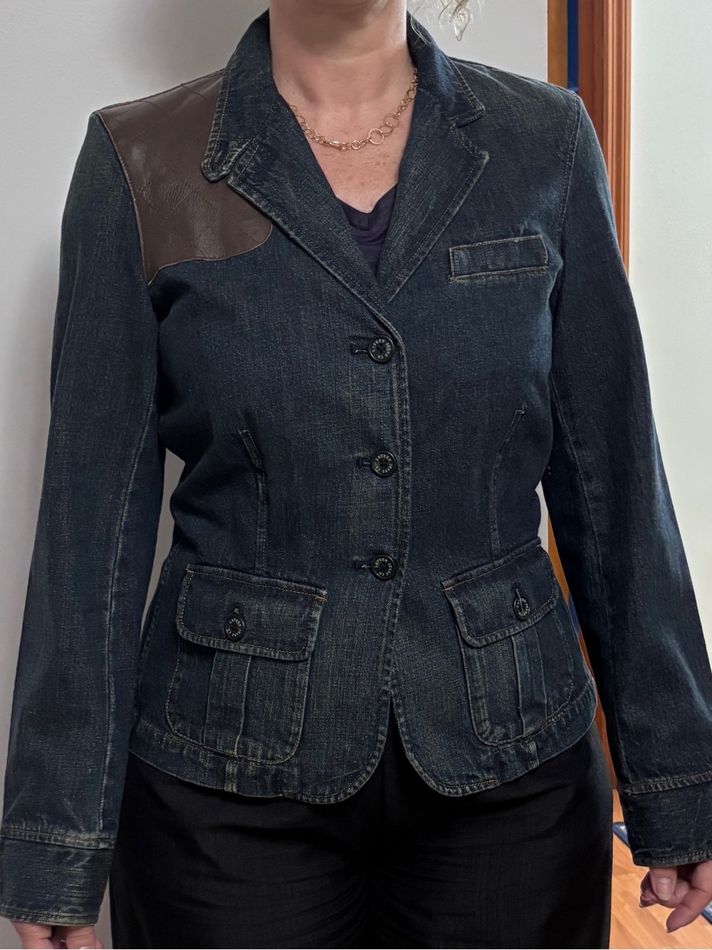 Womens Dark Blue Denim Blazer Jacket with Brown Leather Shoulder Accent